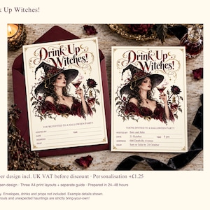 Drink Up Witches Halloween Party Invitation, Gothic Witch, 3 Sizes, Optional Personalisation