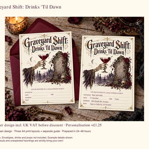 Graveyard Shift Drinks Til Dawn Halloween Invitation, Gothic Cocktail, 3 Sizes, Optional Personalisation
