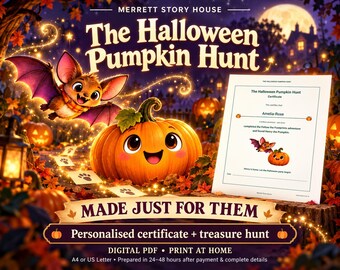 Personalised The Halloween Pumpkin Hunt, Certificate & Indoor Hunt, Made-to-Order Digital PDF