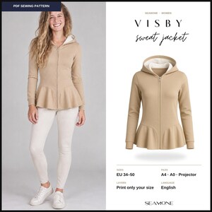 Naaipatroon voor een sweatjack voor dames (PDF) | Hoodie met rits, ruches, capuchon of opstaande kraag | Maten EU 34-50 US 4-20 | A4 A0 Projectorformaat