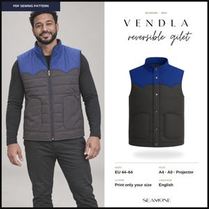 May include: A PDF sewing pattern for a Vendla reversible gilet. The gilet features a blue upper yoke and a dark gray lower section with a stand-up collar, front snap closures, and two patch pockets. The pattern includes sizes EU 44-64.