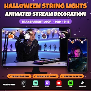 May include: Halloween string lights animated stream decoration featuring a transparent loop in 16:9 and 9:16 aspect ratios. The graphic includes icons of a pumpkin, ghost, cat, and bat. It is compatible with OBS, Streamlabs, Twitch, YouTube, Kick, and TikTok LIVE.