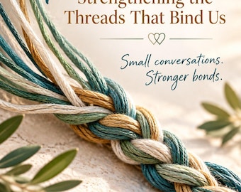 May include: A book cover titled 7 Questions Strengthening the Threads That Bind Us, featuring a braided cord of teal, tan, and white threads. The text reads Small conversations. Stronger bonds. A RELATIONSHIP GUIDE BY MARC JARCHOW.