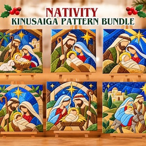 May include: A collection of six square Kinusaiga pattern panels featuring Nativity scenes with figures in blue, green, and brown tones. The text NATIVITY KINUSAIGA PATTERN BUNDLE is displayed at the top. Each panel is displayed on a small wooden easel.
