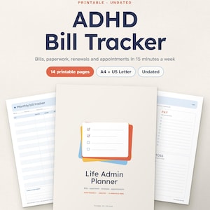 May include: A printable ADHD Bill Tracker and Life Admin Planner set featuring 14 pages in A4 and US Letter sizes. The cover displays a checklist icon, and the interior pages include a monthly bill tracker with columns for bills, due dates, and amounts.