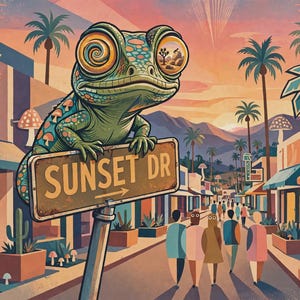 May include: A colourful illustration of a large chameleon perched on a street sign that reads SUNSET DR. The scene features a desert town street with palm trees, cacti, mushrooms, and people walking under a warm sunset sky.