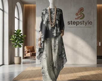 Floral Two Piece Set, Asymmetrical Boho Tunic and Wide Leg Pants Resort Wear