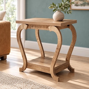 Oak Tone Side Table Rectangular End Table with Shelf Storage Bedroom Nightstand Curved Leg Table Living Room Furniture Wood Grain Console