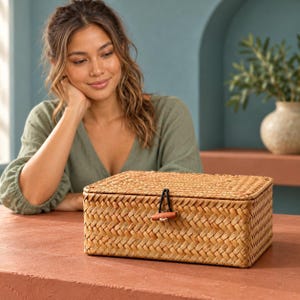 Woven Storage Box Small Keepsake Jewelry Organizer Vanity Tray Lidded Container Men Accessory Holder Desk Caddy Dresser Top Rectangular