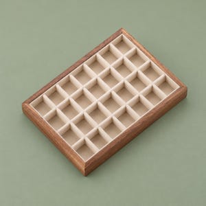 May include: A rectangular wooden jewelry organizer tray featuring a dark brown wood frame and a beige interior divided into twenty-eight small, square compartments arranged in a grid pattern for organized storage of small items.