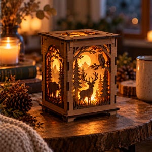 Puede incluir: Una linterna rectangular de madera con paneles cortados con láser que representan una escena forestal con un ciervo, un oso y un búho. El interior está iluminado, proyectando un brillo cálido a través de los recortes de árboles, montañas y luna.