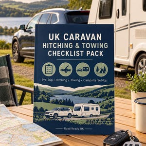 May include: A dark blue book titled UK CARAVAN HITCHING & TOWING CHECKLIST PACK. The cover features illustrations of a car towing a caravan, a lake, and hills, with icons for pre-trip, hitching, towing, and campsite set-up tasks.