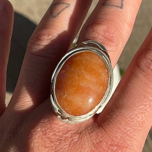 Orange Aventurine crystal handmade 925 sterling silver statement ring with bronze details and adjustable size