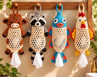 May include: Four crocheted animal-shaped plastic bag dispensers hanging on a wooden rack. The characters include a brown highland cow, a gray raccoon, a blue fish, and a white chicken. Each features a mesh body for storage and a bottom opening.