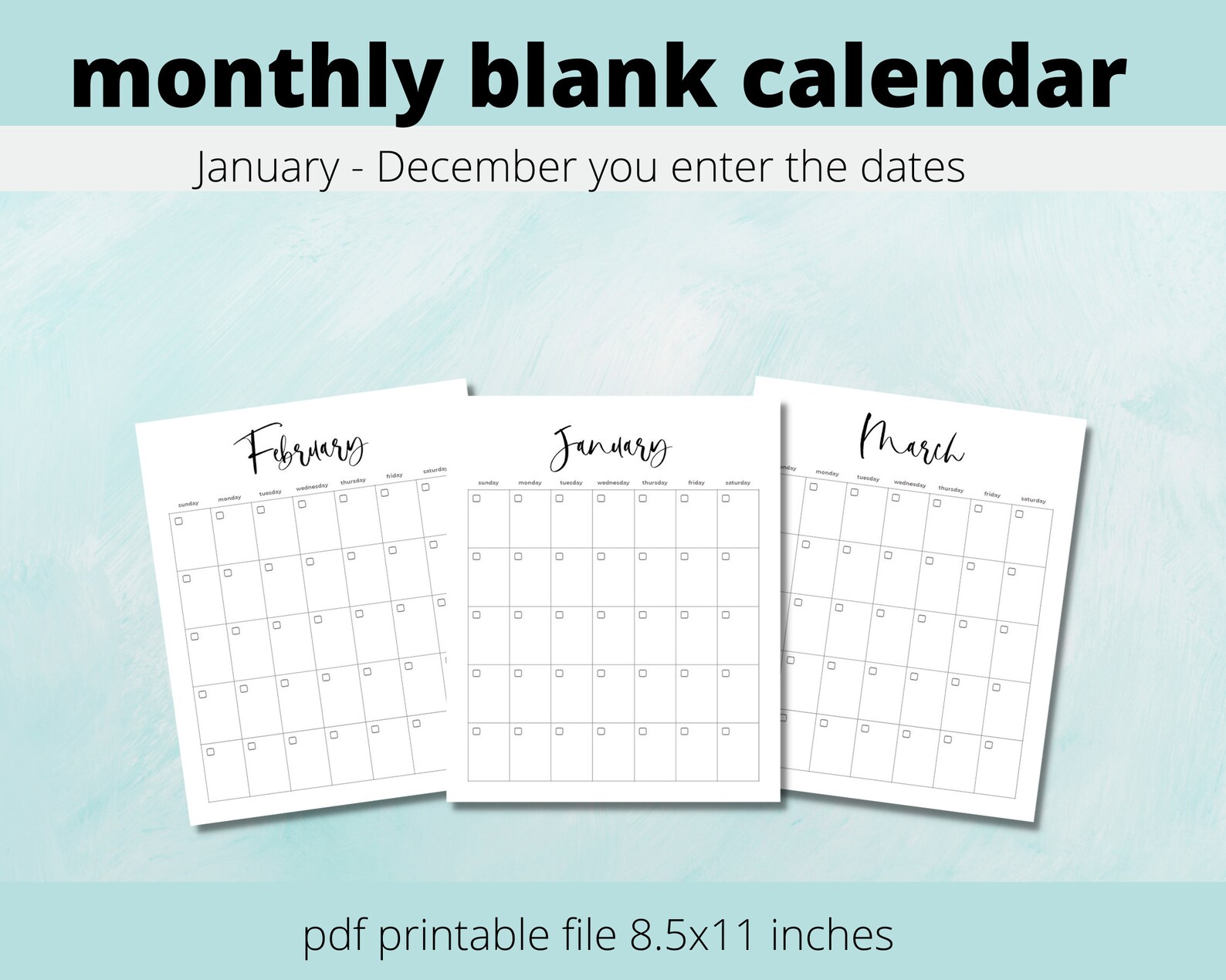 Simple Blank Monthly Printable Calendar Minimal 8 5x11 Etsy