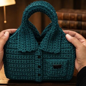 Könnte beinhalten: Eine dunkel-türkisfarbene Häkeltasche in Form eines Hemdes mit Kragen, Knopfleiste, einer Brusttasche und einem Tragegriff. Die Tasche weist ein strukturiertes Maschenbild und kleine schwarze Knöpfe auf der Vorderseite auf.