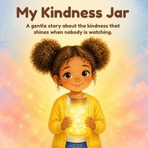 May include: A book cover titled My Kindness Jar, A gentle story about the kindness that shines when nobody is watching. It features a young child with brown skin and dark curly hair in pigtails, wearing a yellow cardigan, holding a glowing jar.
