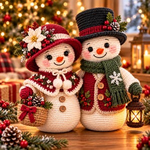 Op de afbeelding: Twee gehaakte sneeuwpopfiguren. De linker sneeuwpop draagt een rode hoed met een witte kerstster en bessen en houdt een mandje vast. De rechter sneeuwpop draagt een hoge hoed en een groene sjaal met een witte sneeuwvlok.