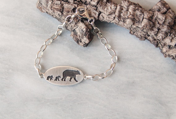 Mama Bear With Two Cubs Bracelet Handmade Bear Bracelet Sterling