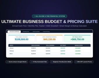 May include: A digital financial spreadsheet interface titled Ultimate Business Budget & Pricing Suite. It features an executive dashboard with tabs for monthly P&L, debt snowball, and smart pricing, displaying revenue, expense, and profit data.