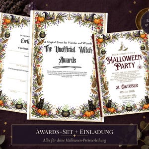 Könnte beinhalten: Ein Set aus bedrucktem Briefpapier mit einer Halloween-Partyeinladung und Urkunden. Die Ränder sind mit Illustrationen von Kürbissen, schwarzen Katzen, Hexenhüten, Kesseln und Lavendel verziert. Der Text umfasst "The Unofficial Witch Awards" sowie "You're Invited to a Halloween Party" mit Veranstaltungsdetails.