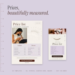 May include: A digital price list template for a lash and brow studio featuring a light purple background, dark brown text, and images of lash application. The layout includes sections for lash and brow services with placeholders for business names and booking links.