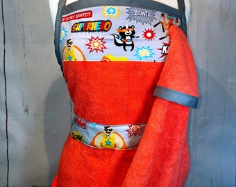 Superhero baby bathing apron. Gray and orange.
