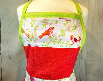 Bird themed baby bathing apron, coral and lime green. Perfect baby shower gift.