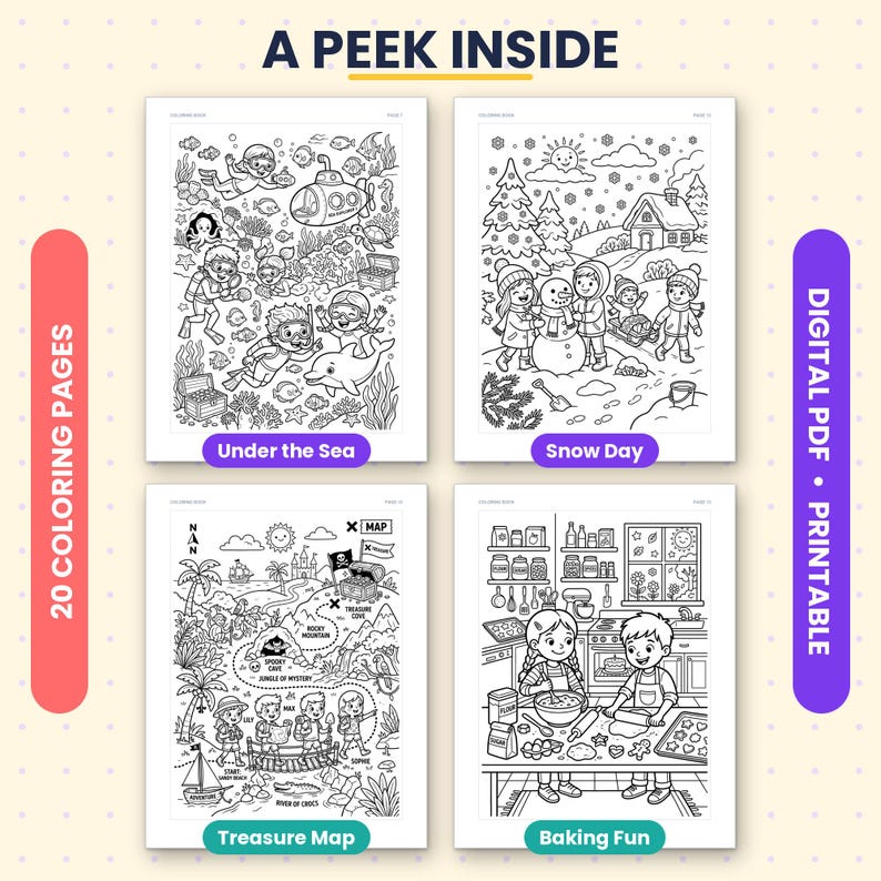 Kids Coloring Book PDF, 20 Printable Coloring Pages, Fun Activities for ...