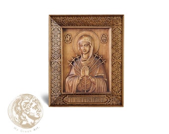 Virgin Mary Seven Swords (Eptaspathi), wooden carved icon, Greek orthodox, handmade