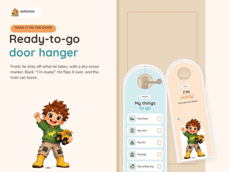 May include: A light blue and cream-colored door hanger set featuring a checklist titled My things to go on the front with icons for shoes, coat, hat, bag, and toy. The back side displays the text I'm ready! and The train can leave.