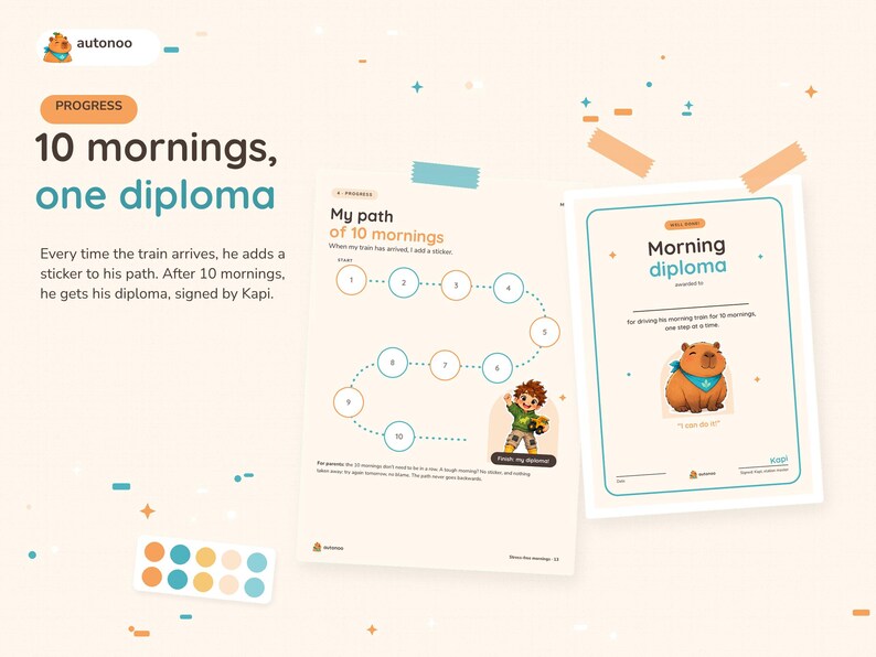 May include: A progress chart titled 10 mornings, one diploma featuring a path with ten numbered circles for stickers and a matching diploma certificate. The design includes a cartoon capybara character and a child with a toy train.