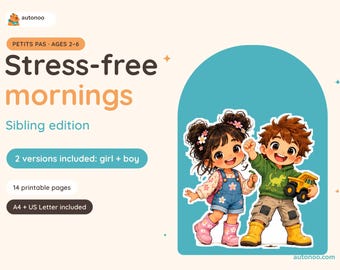 Morgenroutine-Plan für Geschwister, ausdruckbarer visueller Zeitplan für Jungen und Mädchen (2-6 Jahre), Bildkarten, Bruder/Schwester, A4 und US Letter