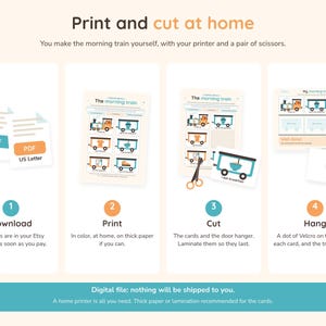 May include: A digital instructional graphic titled Print and cut at home, detailing four steps to create a morning train activity. It features PDF icons, a train-themed card sheet, scissors cutting out cards, and a finished train display.