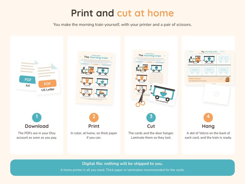 May include: A digital instructional graphic titled Print and cut at home, detailing four steps to create a morning train activity. It features PDF icons, a train-themed card sheet, scissors cutting out cards, and a finished train display.