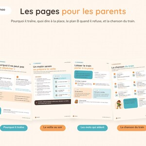 May include: Four informational pages titled Les pages pour les parents with the logo autonoo. The pages contain French text, checklists, and illustrations, including sections titled Pourquoi il ne peut pas se d&eacute;p&ecirc;cher, Un matin serein, Laisser le train, and La chanson du train.