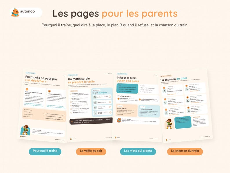 May include: Four informational pages titled Les pages pour les parents with the logo autonoo. The pages contain French text, checklists, and illustrations, including sections titled Pourquoi il ne peut pas se d&eacute;p&ecirc;cher, Un matin serein, Laisser le train, and La chanson du train.