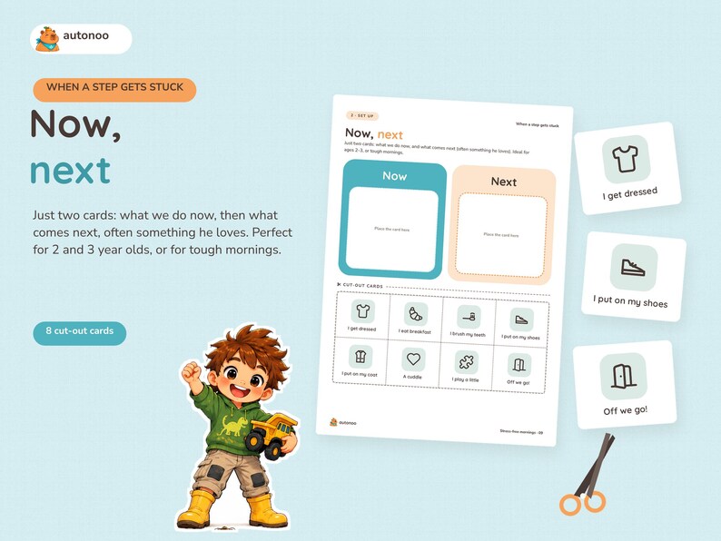 May include: A printable activity sheet titled Now, next featuring two blank boxes for cards, a grid of eight cut-out cards with icons and text like I get dressed and I eat breakfast, and a cartoon boy holding a yellow toy truck.
