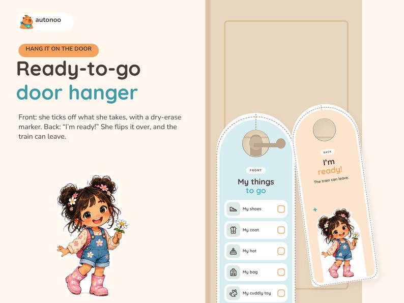 May include: A light blue and beige door hanger with a checklist on the front labeled My things to go, including shoes, coat, hat, bag, and toy. The back features the text I'm ready! and an illustration of a child with dark hair.