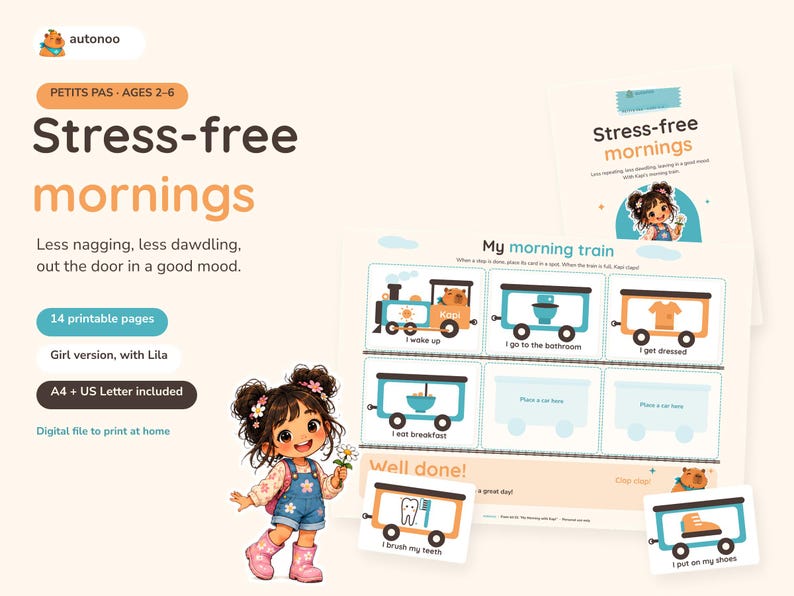 May include: A printable morning routine chart for children titled Stress-free mornings, featuring a cartoon girl named Lila, a train graphic labeled My morning train, and various task cards showing daily activities like brushing teeth and getting dressed.