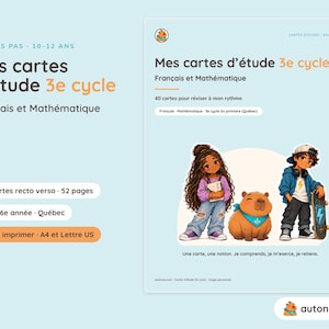 Cartes d'étude 3e cycle à imprimer, fiches de révision français et maths 5e 6e année Québec, cartes mémo recto verso PFEQ, PDF A4 Lettre