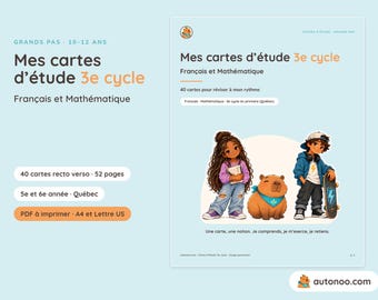 Cartes d'étude 3e cycle à imprimer, fiches de révision français et maths 5e 6e année Québec, cartes mémo recto verso PFEQ, PDF A4 Lettre