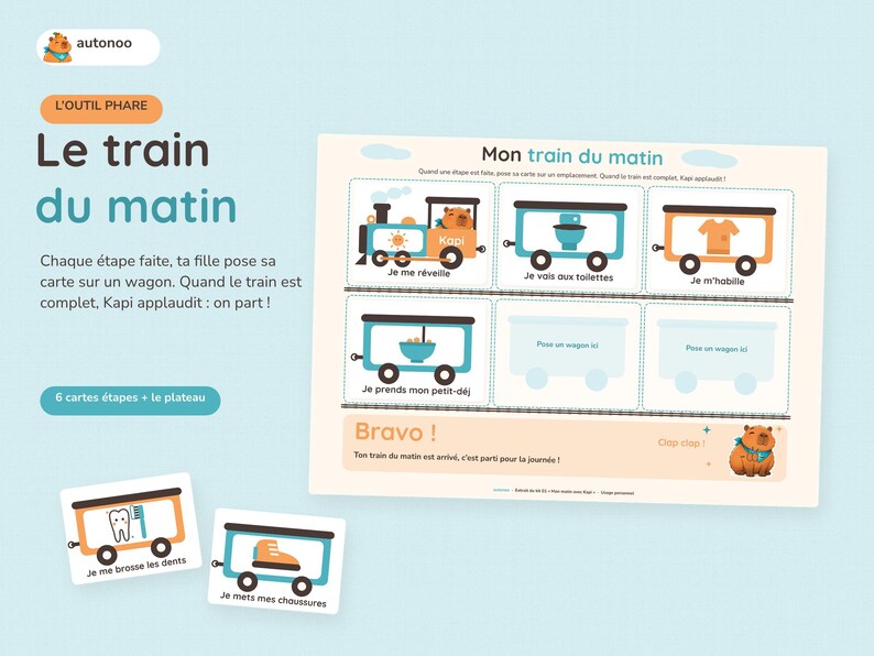 May include: A morning routine activity board titled Le train du matin featuring a train illustration with empty wagon slots for placing cards. Includes six illustrated cards showing daily tasks like brushing teeth and getting dressed.