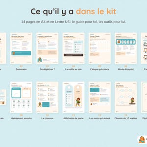 May include: A digital kit containing 14 pages in A4 and US Letter sizes, titled Les matins sans stress. The pages feature instructional guides, checklists, train-themed cards, a morning routine board, and a diploma, all illustrated with a cartoon character.