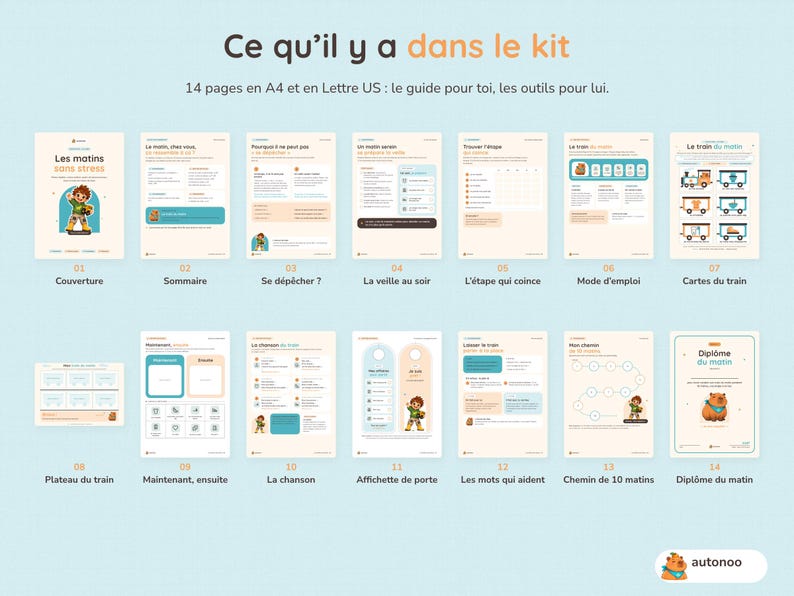 May include: A digital kit containing 14 pages in A4 and US Letter sizes, titled Les matins sans stress. The pages feature instructional guides, checklists, train-themed cards, a morning routine board, and a diploma, all illustrated with a cartoon character.