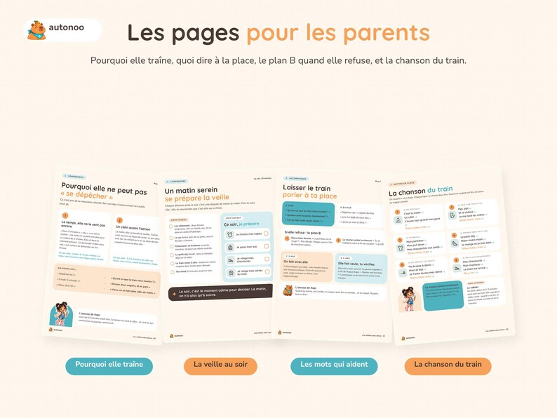 May include: Four informational pages titled Les pages pour les parents with the subtitle Pourquoi elle tra&icirc;ne, quoi dire &agrave; la place, le plan B quand elle refuse, et la chanson du train. The pages feature text, checklists, and illustrations.