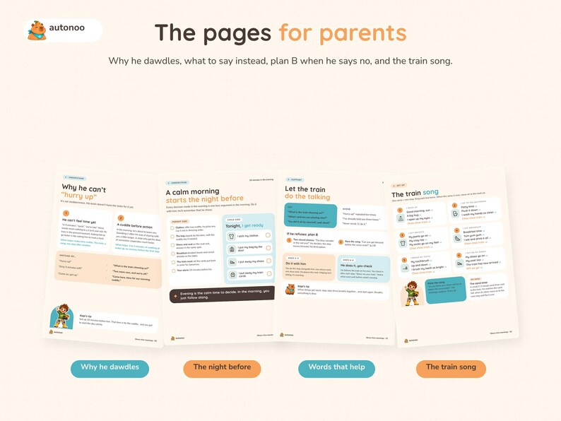 May include: Four informational pages titled The pages for parents with the subtitle Why he dawdles, what to say instead, plan B when he says no, and the train song. The pages feature text, checklists, and illustrations for parents.