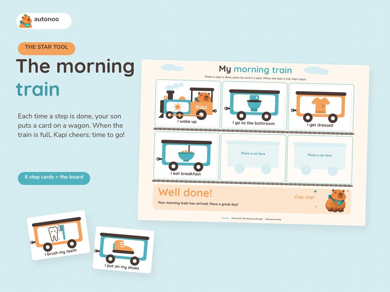May include: A morning routine chart titled My morning train featuring a train engine and wagons with illustrations for tasks like I wake up, I go to the bathroom, I get dressed, I eat breakfast, I brush my teeth, and I put on my shoes.