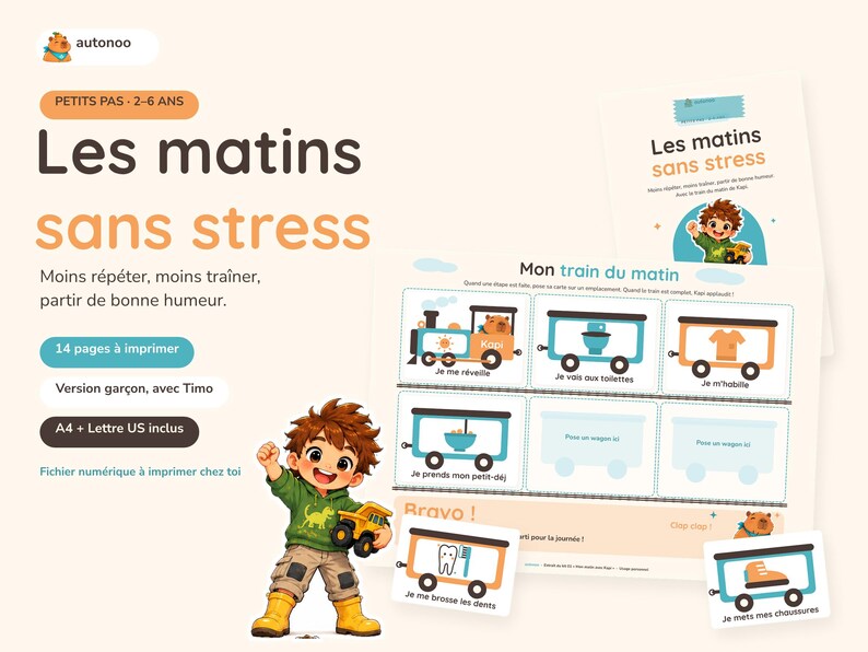 May include: A printable digital routine chart titled Les matins sans stress featuring a cartoon boy named Timo, a train graphic with task icons like brushing teeth and dressing, and text in French for children aged 2 to 6 years old.