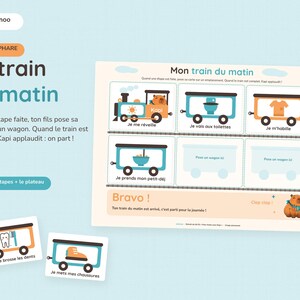 May include: A morning routine activity board titled Mon train du matin featuring a train graphic with empty wagon slots, accompanied by six individual cards depicting daily tasks like brushing teeth and getting dressed, all illustrated with a capybara character.